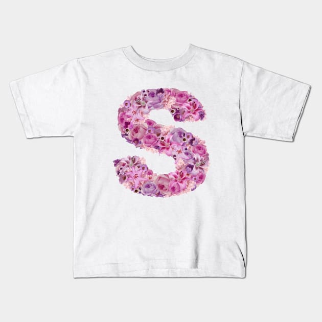 Pink Floral Letter S Kids T-Shirt by HayleyLaurenDesign